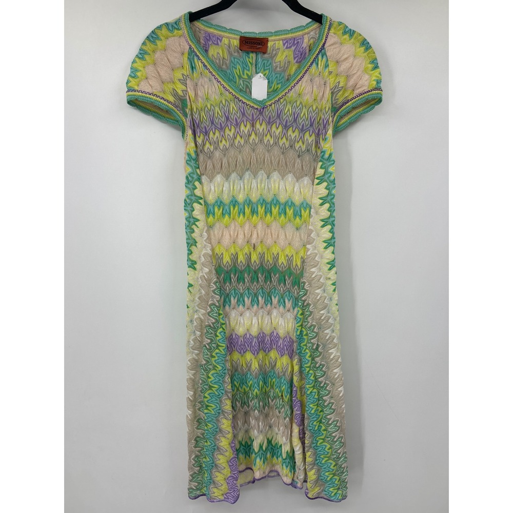 Missoni Womens Zigzag Chevron Knit V-Neck Short Sleeve Dress Made in ItalyXS